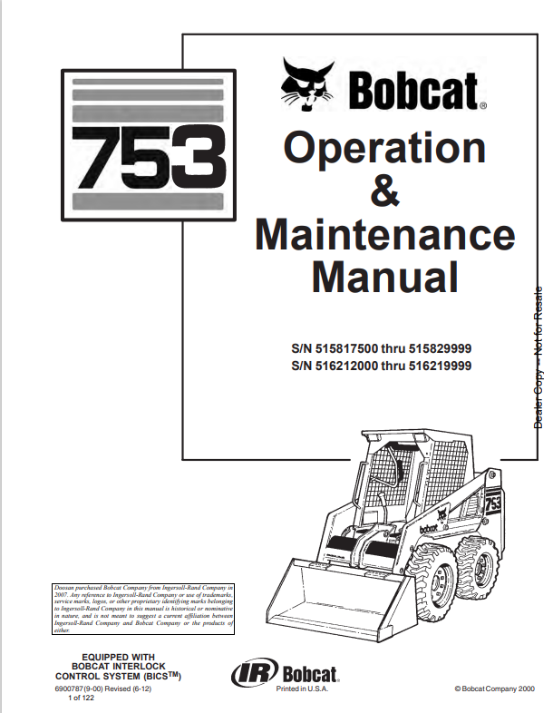 BOBCAT 753 LOADER OPERATION AND MAINTENANCE MANUAL 6900787 PDF
