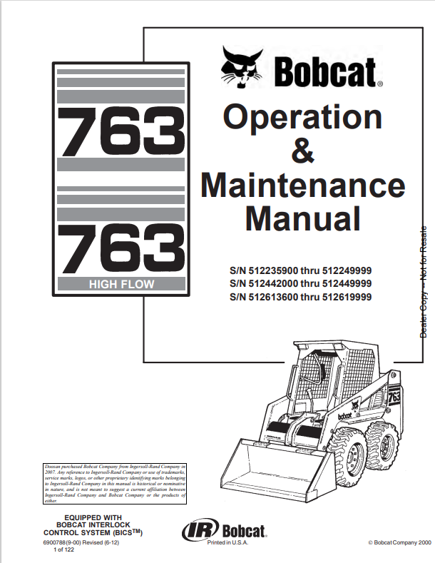 BOBCAT 763, 763 HIGH FLOW LOADER OPERATION AND MAINTENANCE MANUAL 6900788 PDF