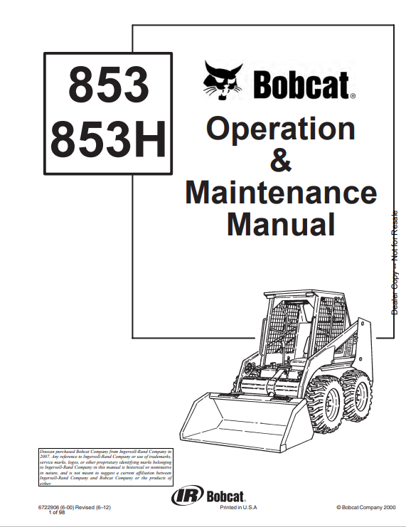 BOBCAT 853, 853H LOADER OPERATION AND MAINTENANCE MANUAL 6722906 PDF