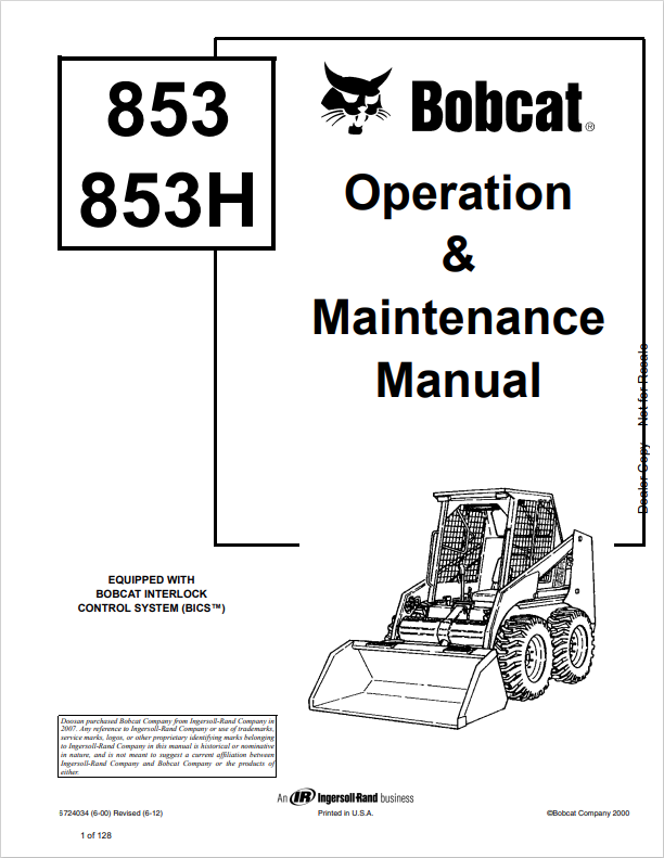 BOBCAT 853, 853H LOADER OPERATION AND MAINTENANCE MANUAL 6724012 PDF
