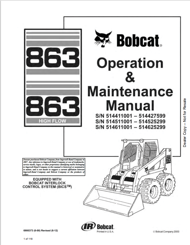BOBCAT 863, 863 HIGH FLOW OPERATION AND MAINTENANCE MANUAL 6900373 PDF