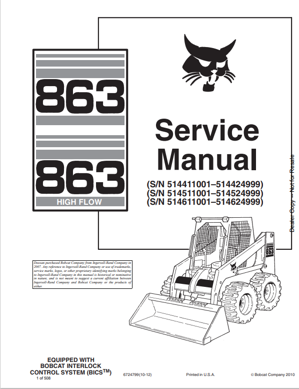 BOBCAT 863, 863 HIGH FLOW SERVICE MANUAL 6724799 PDF