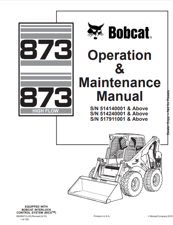 BOBCAT 873, 873 HIGH FLOW OPERATION AND MAINTENANCE MANUAL 6900927 PDF