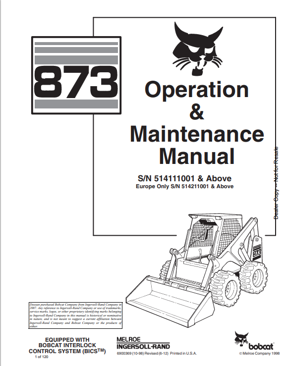 BOBCAT 873 LOADER OPERATION AND MAINTENANCE MANUAL 6900369 PDF