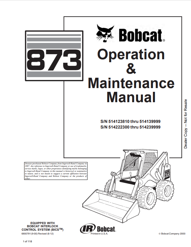 BOBCAT 873 LOADER OPERATION AND MAINTENANCE MANUAL 6900791 PDF