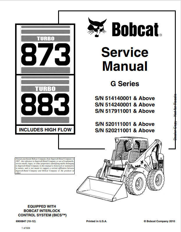 BOBCAT 873 TURBO, 883 TURBO HIGH FLOW LOADER SERVICE MANUAL 6900847 PDF