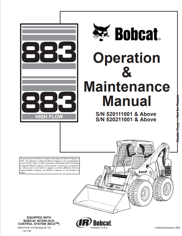 BOBCAT 883, 883 HIGH FLOW OPERATION AND MAINTENANCE MANUAL 6901274 PDF