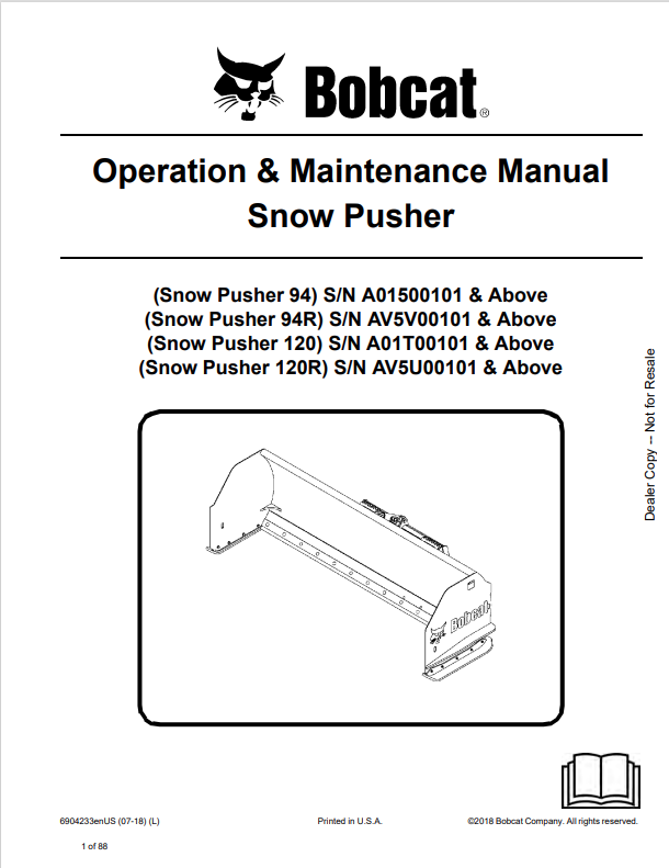 BOBCAT 94, 94R, 120, 120R SNOW PUSHER OPERATION AND MAINTENANCE MANUAL 6904233 PDF