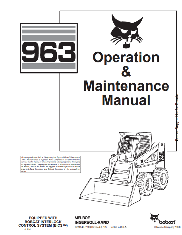BOBCAT 963 LOADER OPERATION AND MAINTENANCE MANUAL 6724543 PDF