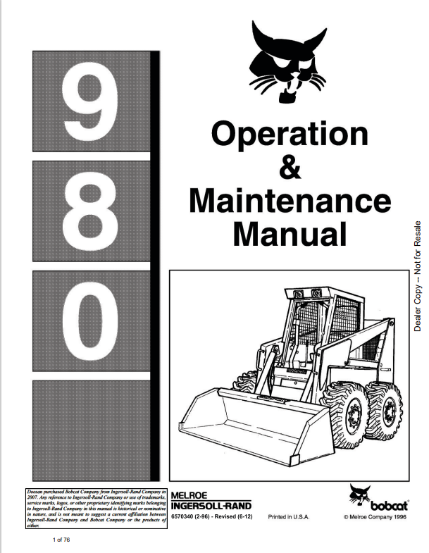 BOBCAT 980 LOADER OPERATION AND MAINTENANCE MANUAL 6570340 PDF