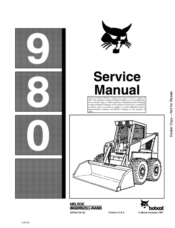 BOBCAT 980 LOADER SERVICE MANUAL 6570341 PDF