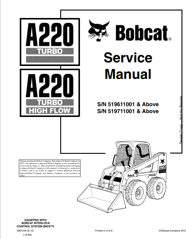 BOBCAT A220 TURBO, A220 TURBO HIGH FLOW SERVICE MANUAL 6901245 PDF
