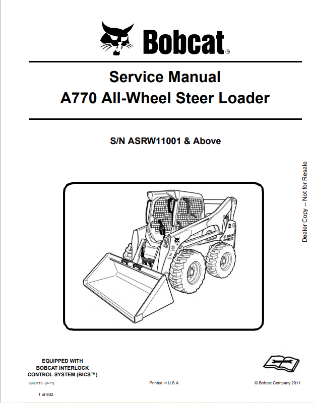 BOBCAT A770 ALL WHEEL STEER LOADER SERVICE MANUAL 6990115 PDF