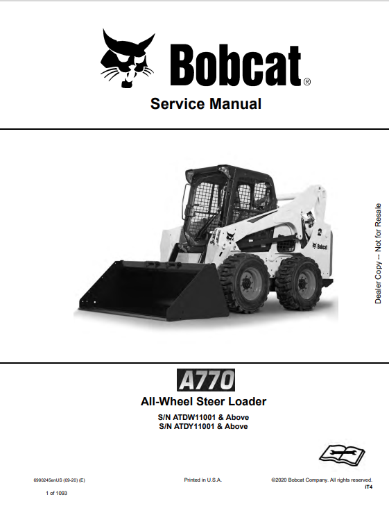 BOBCAT A770 ALL WHEEL STEER LOADER SERVICE MANUAL 6990245 PDF