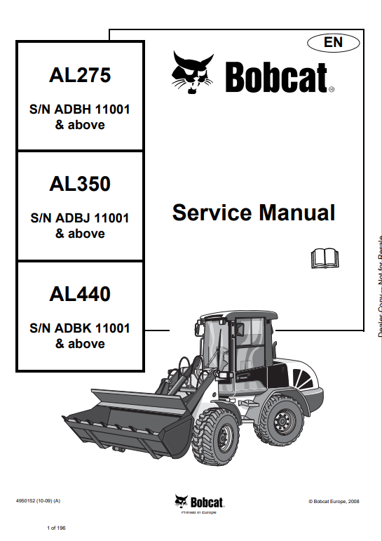 BOBCAT AL275, AL350, AL440 ARTICULATED LOADER SERVICE MANUAL 4950152 PDF