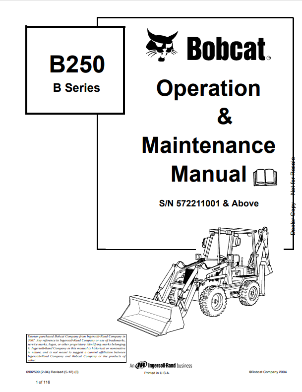 BOBCAT B250 B SERIES LOADER BACKHOE OPERATION AND MAINTENANCE MANUAL 6902599 PDF