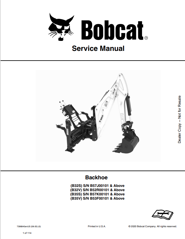 BOBCAT B32S, B32V, B35S, B35V BACKHOE SERVICE MANUAL 7398840 PDF