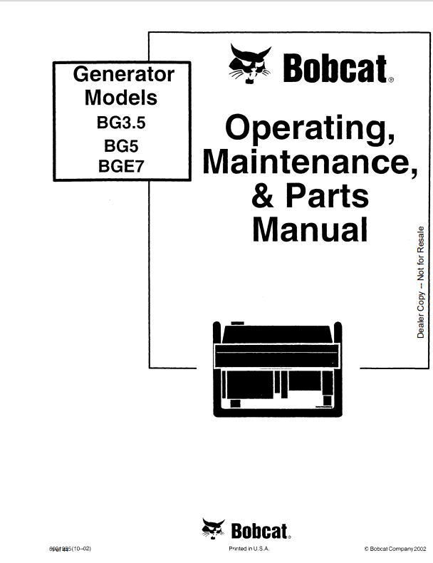 BOBCAT BG3.5, BG5, BGE7 GENERATOR OPERATION, MAINTENANCE AND PARTS MANUAL 6901955 PDF