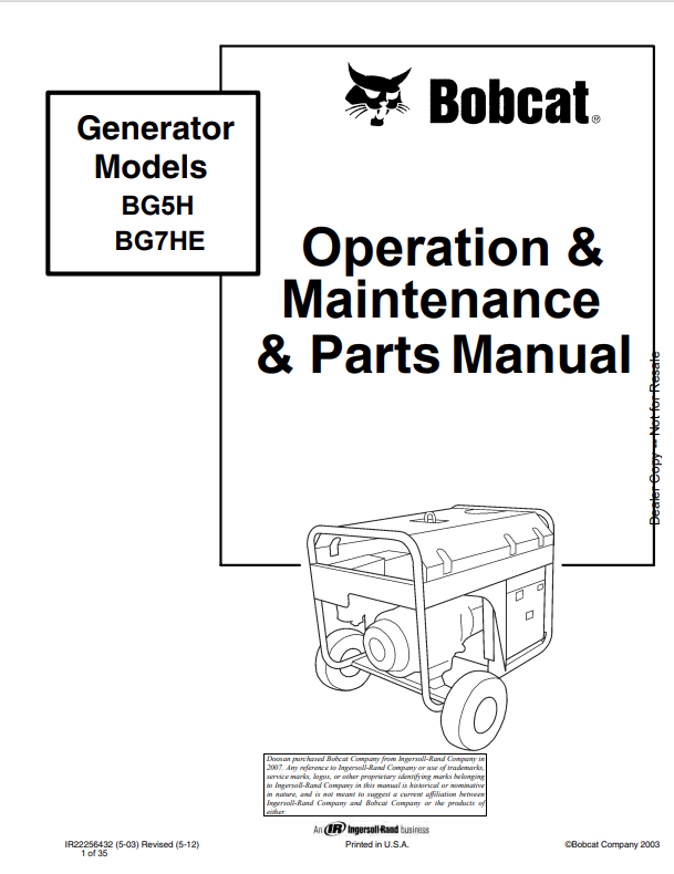 BOBCAT BG5H, BG7HE GENERATOR OPERATION, MAINTENANCE AND PARTS MANUAL IR22256432 PDF
