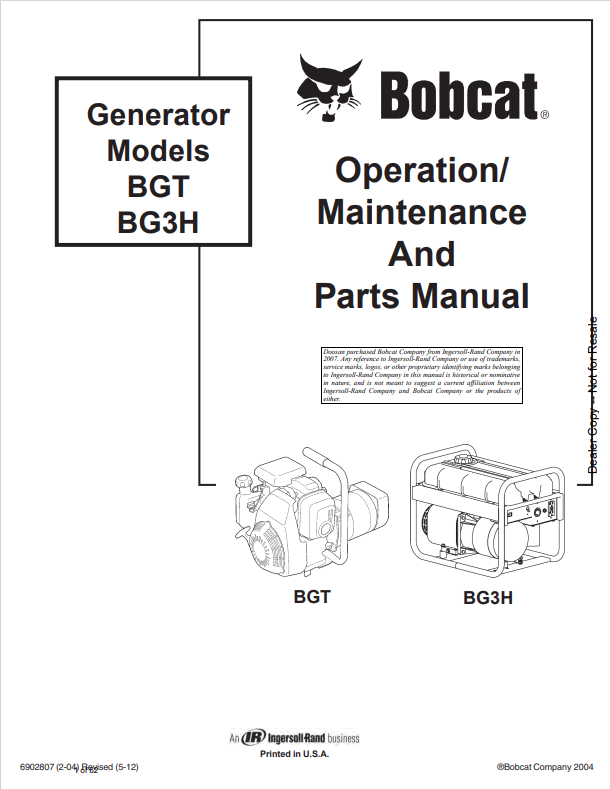 BOBCAT BGT, BG3H GENERATOR OPERATION, MAINTENANCE AND PARTS MANUAL 6902807 PDF