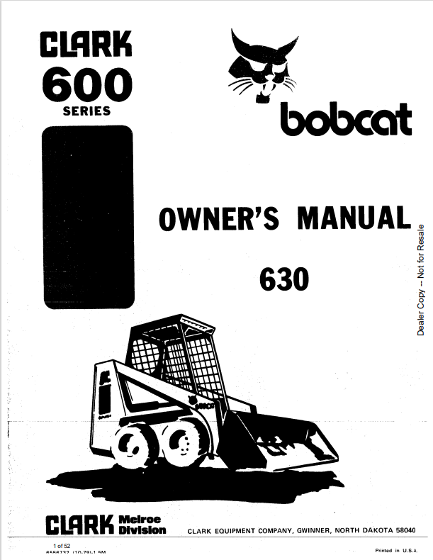 BOBCAT CLARK 600 SERIES 630 LOADER OWNER MANUAL 6556732 PDF