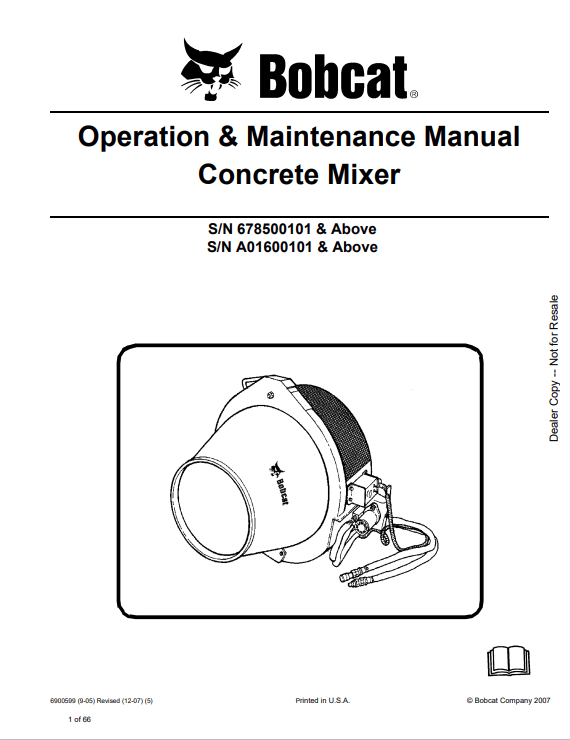 BOBCAT CONCRETE MIXER OPERATION AND MAINTENANCE MANUAL 6900599 PDF