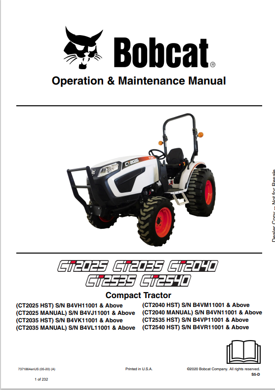 BOBCAT CT2025, CT2035, CT2040, CT2535, CT2540 COMPACT TRACTOR OPERATION AND MAINTENANCE MANUAL 7371864 PDF