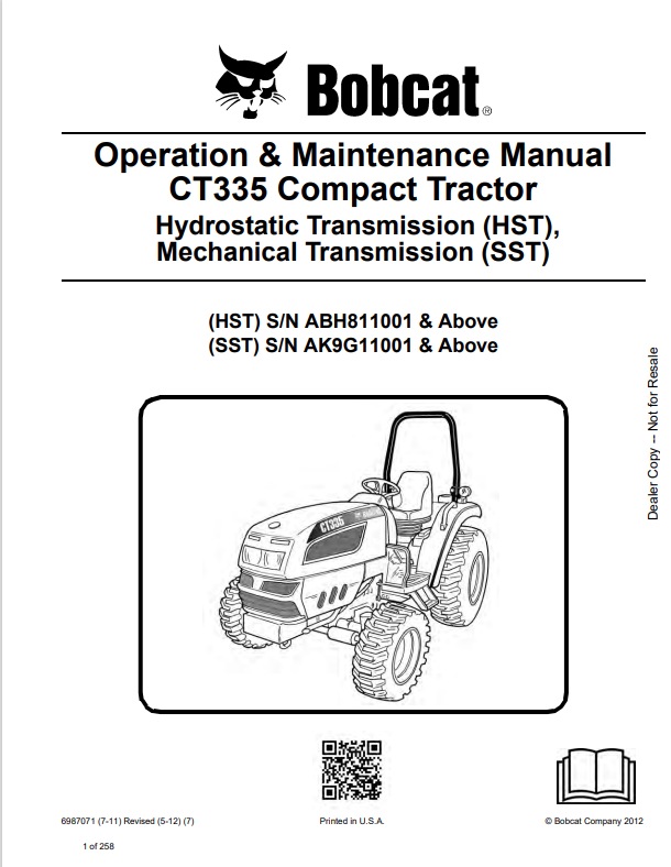 BOBCAT CT335 COMPACT TRACTOR OPERATION AND MAINTENANCE MANUAL 6987071 PDF