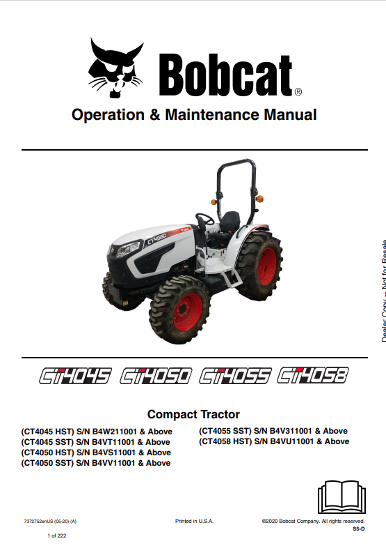 BOBCAT CT4045, CT4050, CT4055, CT4058 COMPACT TRACTOR SERVICE MANUAL 7372752 PDF