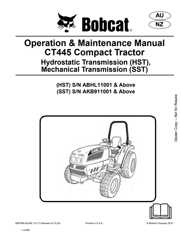 BOBCAT CT445 COMPACT TRACTOR OPERATION AND MAINTENANCE MANUAL 6987085 PDF