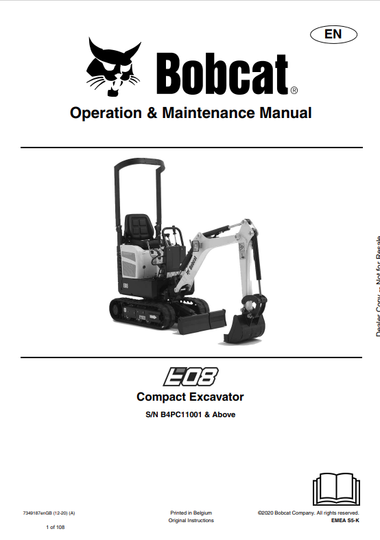 BOBCAT E08 COMPACT EXCAVATOR OPERATION AND MAINTENANCE MANUAL 7349187 PDF