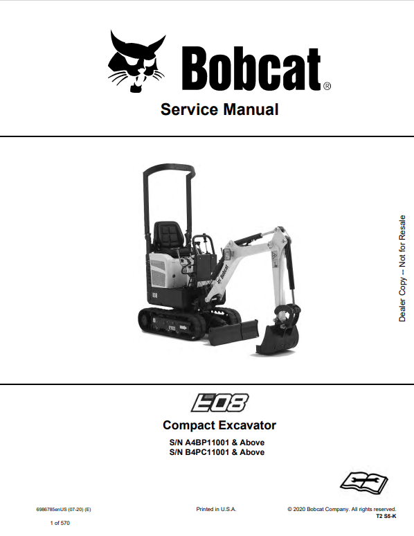 BOBCAT E08 COMPACT EXCAVATOR SERVICE MANUAL 6986785 PDF