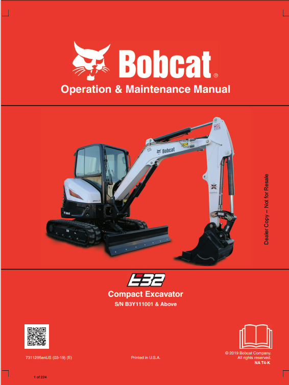 BOBCAT E32 COMPACT EXCAVATOR OPERATION AND MAINTENANCE MANUAL 7311295 PDF