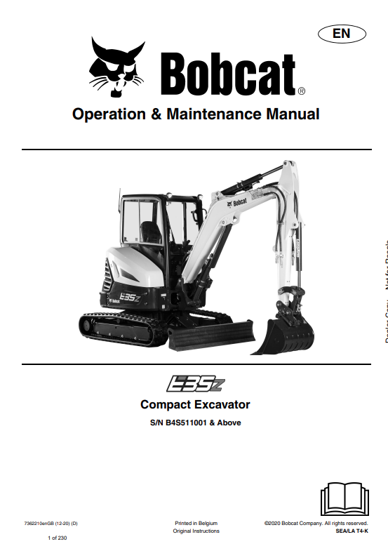 BOBCAT E35z COMPACT EXCAVATOR OPERATION AND MAINTENANCE MANUAL 7362210 PDF