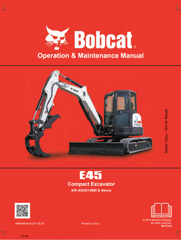 BOBCAT E45 COMPACT EXCAVATOR OPERATION AND MAINTENANCE MANUAL 6990446 PDF