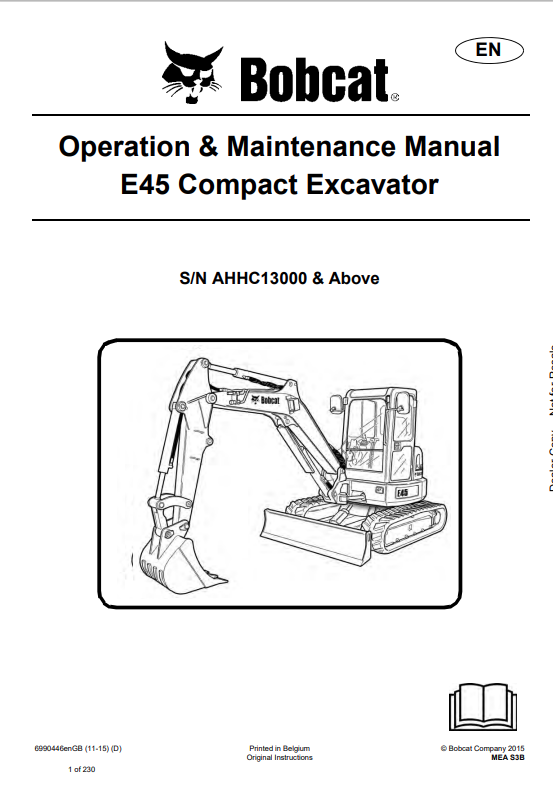 BOBCAT E45 COMPACT EXCAVATOR OPERATION AND MAINTENANCE MANUAL 6990446 PDF