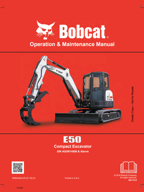 BOBCAT E50 COMPACT EXCAVATOR OPERATION AND MAINTENANCE MANUAL 6990448 PDF