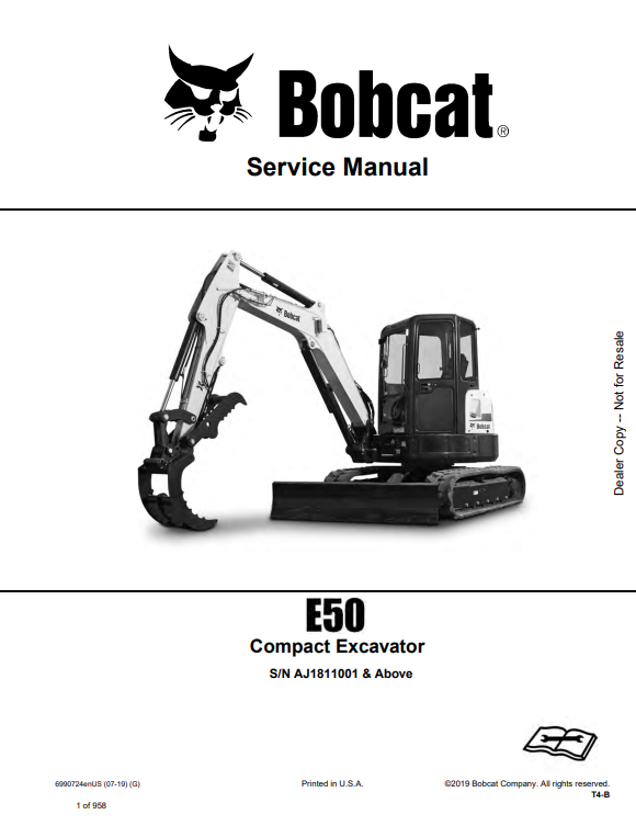 BOBCAT E50 COMPACT EXCAVATOR SERVICE MANUAL 6990724 PDF