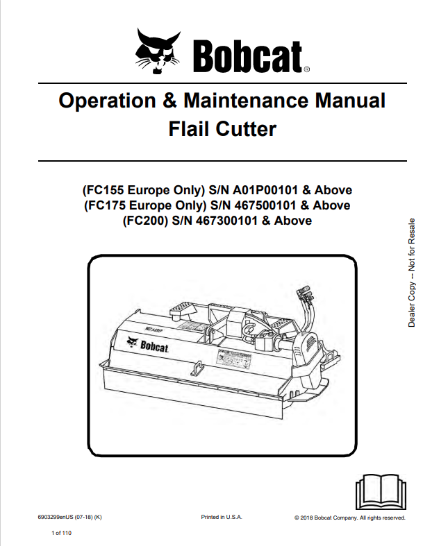 BOBCAT FC155, FC175, FC200 FLAIL CUTTER OPERATION AND MAINTENANCE MANUAL 6903299 PDF