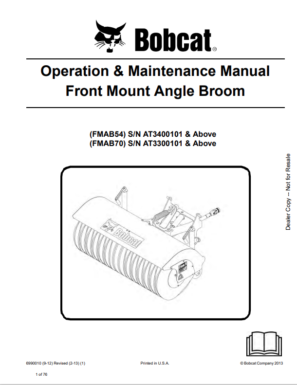 BOBCAT FMAB54, FMAB70 FRONT MOUNT ANGLE BROOM OPERATION AND MAINTENANCE MANUAL 6990010 PDF