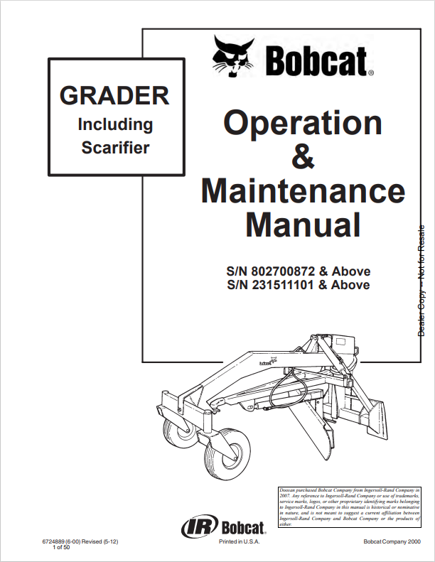 BOBCAT GRADER INCLUDING SCARIFIER OPERATION AND MAINTENANCE MANUAL 6724889 PDF