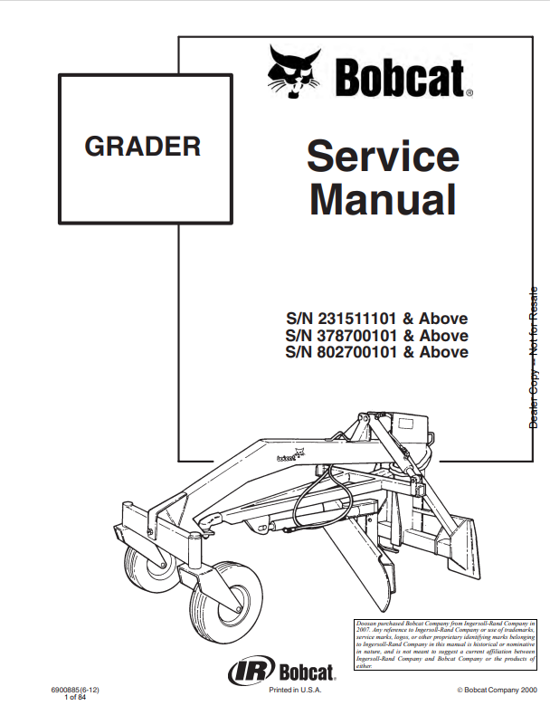 BOBCAT GRADER SERVICE MANUAL 6900885 PDF