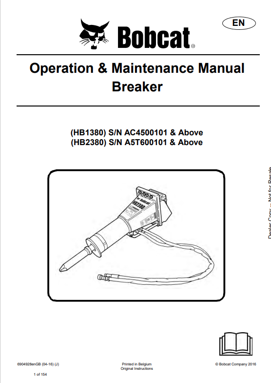 BOBCAT HB1380, HB2380 BREAKER OPERATION AND MAINTENANCE MANUAL 6904928 PDF