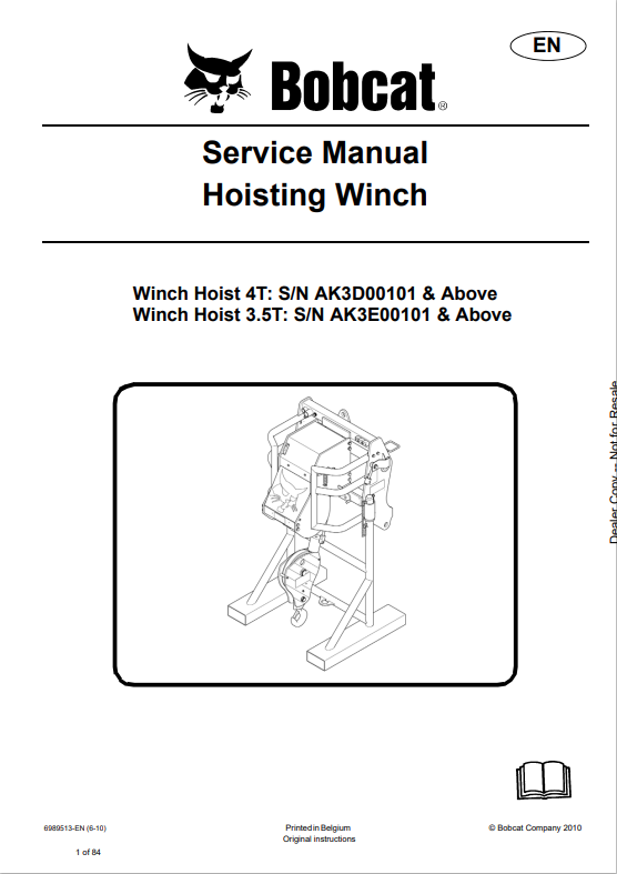 BOBCAT HOISTING WINCH SERVICE MANUAL 6989513 PDF