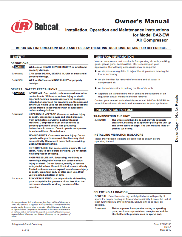 BOBCAT INGERSOLL RAND BA2-EW AIR COMPRESSOR OWNER MANUAL 22138150 PDF
