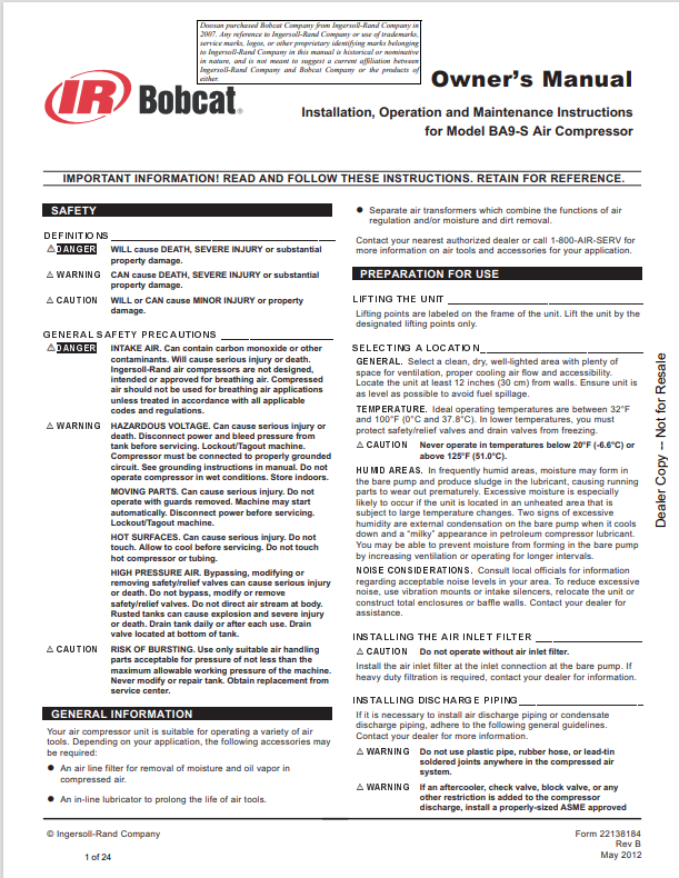 BOBCAT INGERSOLL RAND BA9-S AIR COMPRESSOR OWNER MANUAL 22138184 PDF