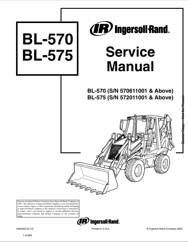 BOBCAT INGERSOLL RAND BL-570, BL-575 BACKHOE LOADER SERVICE MANUAL 6902022 PDF