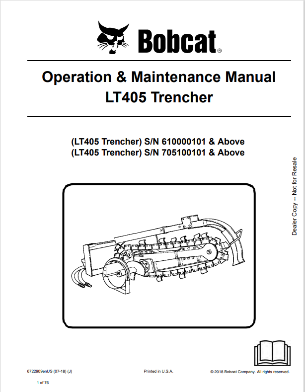 BOBCAT LT405 TRENCHER OPERATION AND MAINTENANCE MANUAL 6722909 PDF