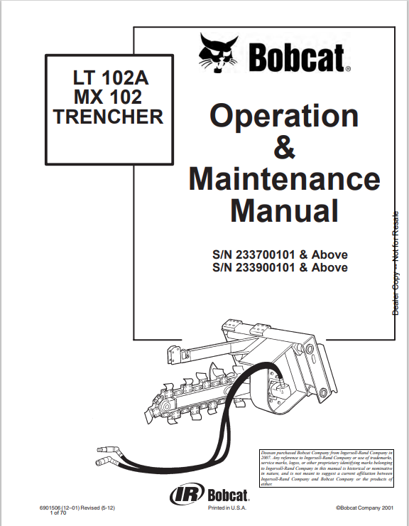 BOBCAT LT 102A, MX 102 TRENCHER OPERATION AND MAINTENANCE MANUAL 6901506 PDF