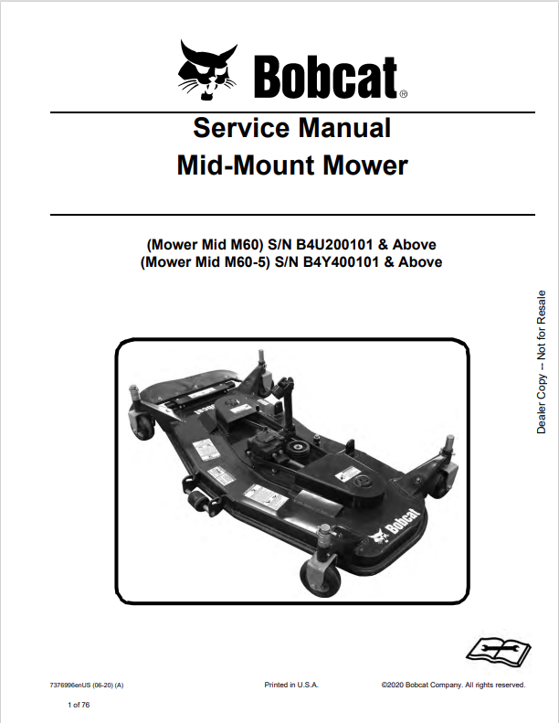 BOBCAT M60, M60-5 MID-MOUNT MOWER SERVICE MANUAL 7376996 PDF